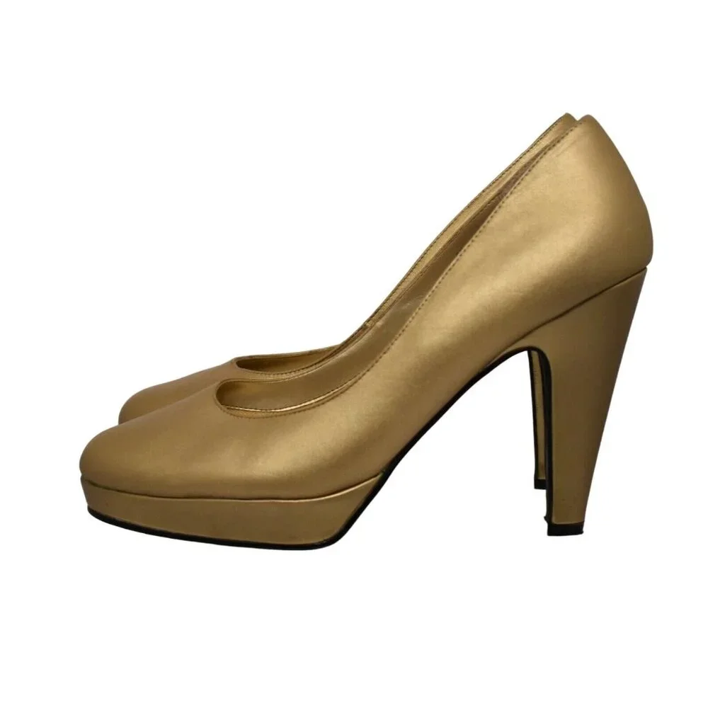 Cami Womens 8 Gold Leather Platform Heel Pumps Party Wedding - Picture 5 of 11